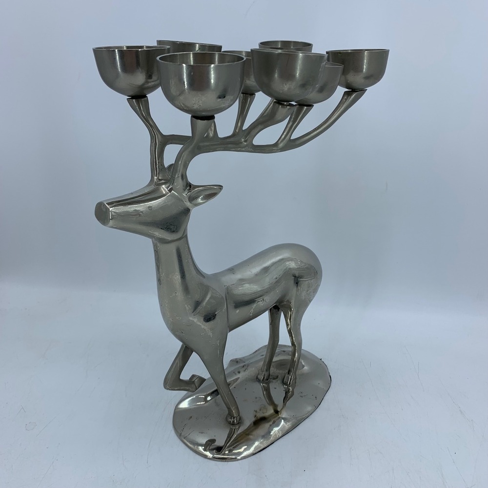 Pottery Barn Silver Reindeer Stag 8 Cup Candelabra Christmas Mid Century 15"
